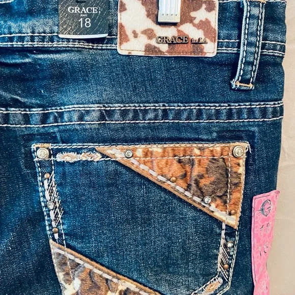 Grace in LA Dark Blue Boot Cut Jeans with Faded Wash - Picture 7 of 9